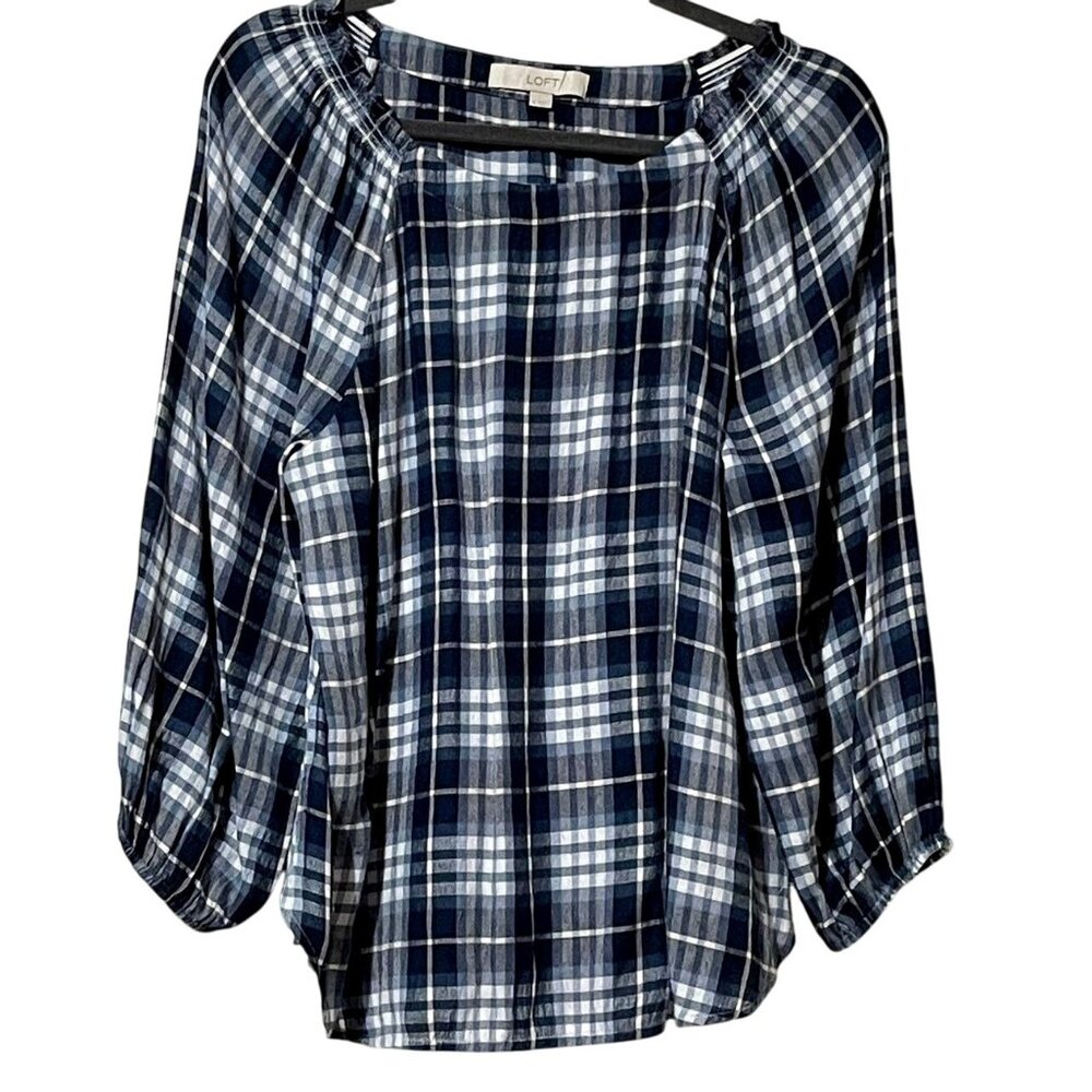 Loft White Blue Plaid Blouse Size M Boho Relaxed Balloon Sleeve